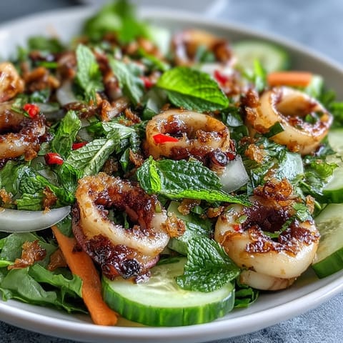 A colorful chilli-lime squid salad with tender grilled squid rings, crisp vegetables, and fresh herbs in a zesty dressing.