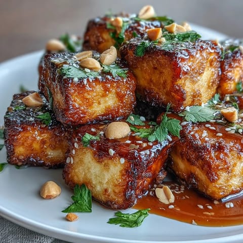 Air fryer crispy tofu cubes with golden crust, served with creamy peanut dipping sauce and fresh lime wedges.  