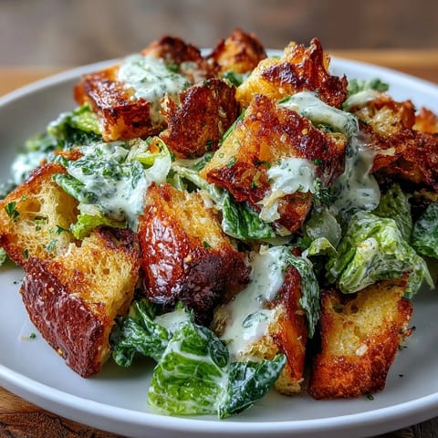 Golden sourdough croutons add crunch to this vibrant Caesar salad with crisp romaine and creamy dressing.  