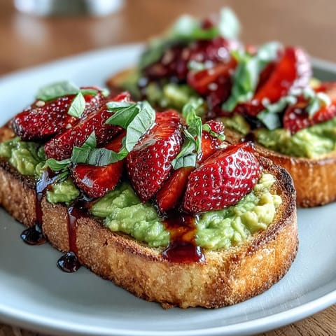 1. A colorful Galentines brunch avocado toast with creamy avocado, fresh strawberries, and a tangy balsamic drizzle, perfect for a festive gathering.  