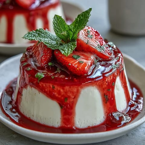 Silky vanilla panna cotta with vibrant strawberry sauce, garnished with fresh berries and mint leaves.  