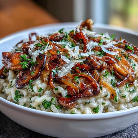 Aromatic caramelized onion and mushroom risotto, rich with Parmesan and butter, garnished with fresh parsley and black pepper.  