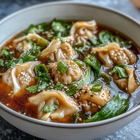 A steaming bowl of Asian dumpling soup with bok choy and ginger, filled with tender dumplings and fresh vegetables in a savory broth.