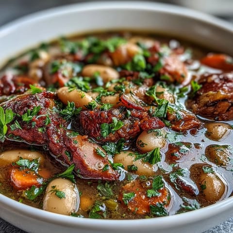 A steaming bowl of ham and cannellini bean stew with tender vegetables and savory broth.  