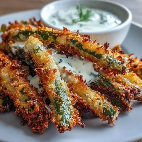 Crispy air fryer green bean fries with golden panko coating and creamy ranch yogurt dip.  
