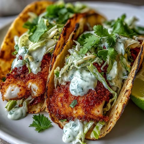 Air fryer fish tacos with cabbage slaw feature crispy cod in warm tortillas topped with tangy slaw and creamy sauce.