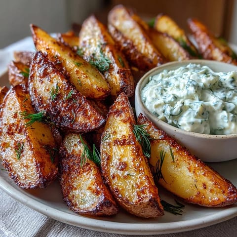 Golden brown potato wedges fresh from the air fryer, paired with tangy Greek yogurt and sour cream dip.  