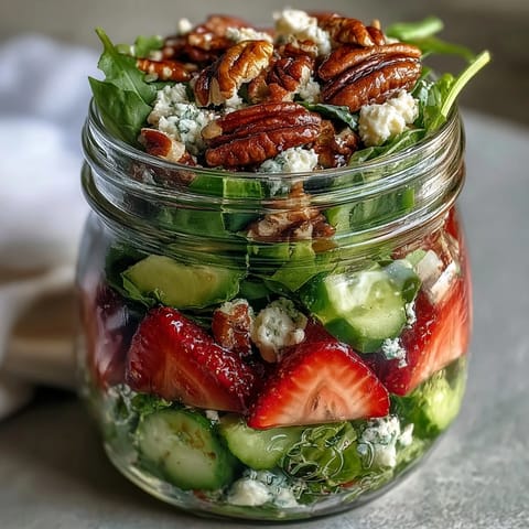 Vibrant picnic jar salad with strawberries, goat cheese, and nuts, layered in glass jars for easy transport and fresh flavor.