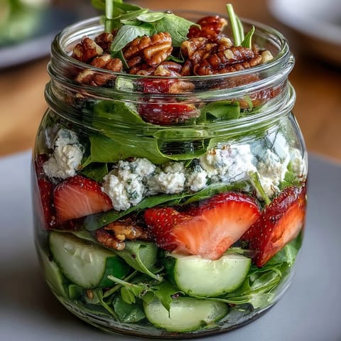 Fresh layered salad jars filled with juicy strawberries, creamy goat cheese, crunchy pecans, and crisp greens—perfect for outdoor dining.