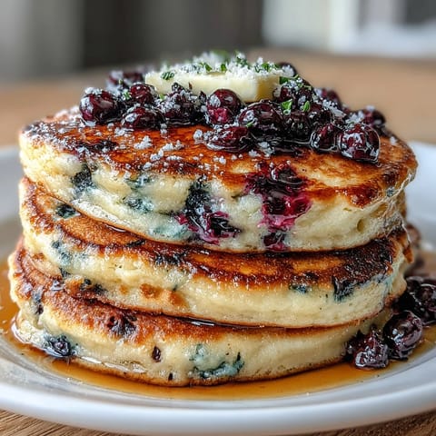 Golden pancakes made with tangy sourdough discard, infused with lemon zest and dotted with juicy blueberries.