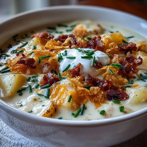 A creamy, cheesy Funeral Potatoes Loaded Baked Potato Soup topped with crispy potato chip crumbles and smoky bacon bits.