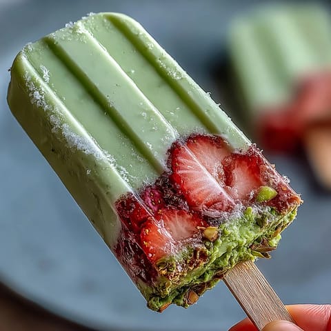 Creamy strawberry matcha latte popsicles with vibrant layers of sweet berries and earthy green tea.  