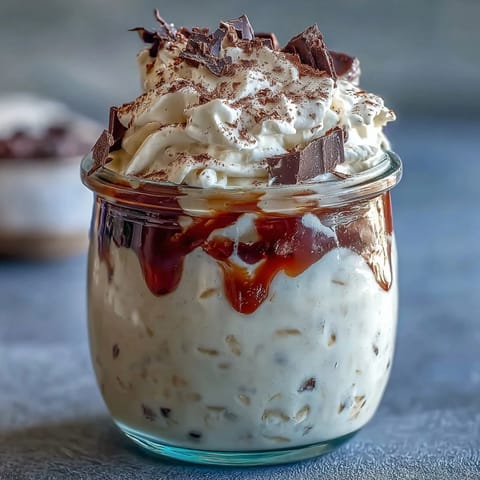 Creamy vanilla bean frappuccino overnight oats layered in a jar with whipped cream and chocolate shavings for a coffee-infused breakfast treat.