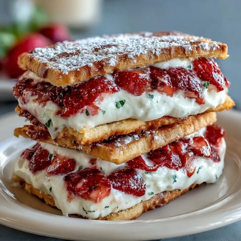 Golden-brown strawberry shortcake cookies filled with rich vanilla cream and ripe strawberries, arranged on a rustic wooden board.  