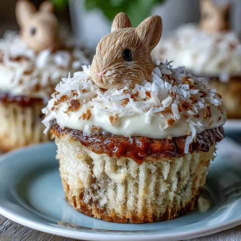 Fluffy coconut cupcakes decorated with marshmallow bunny tails, perfect for Easter dessert and spring celebrations.