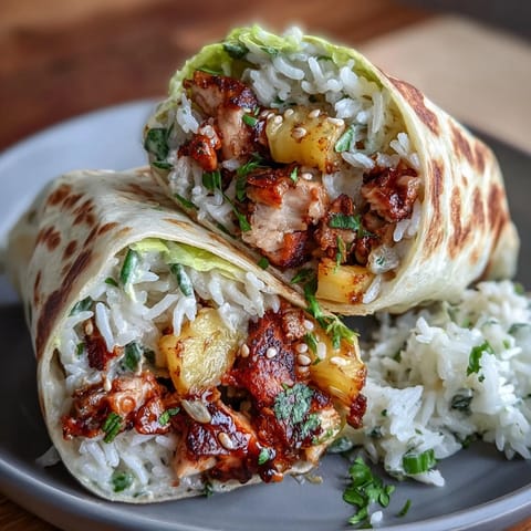 Fresh pineapple chicken and rice lettuce wraps with juicy chicken, sweet pineapple, and crisp lettuce leaves in a vibrant, tropical dinner.