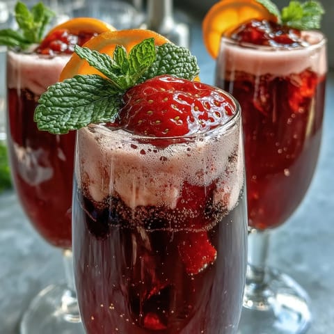 A vibrant strawberry mimosa mocktail in a champagne flute, garnished with fresh strawberry and orange slices, perfect for a festive brunch.