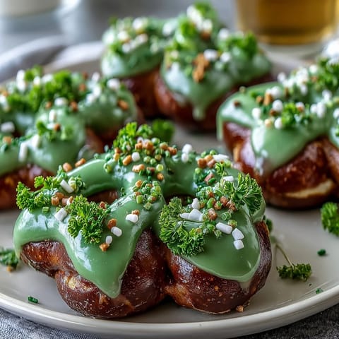 Crunchy pretzel shamrock shapes dipped in smooth green candy coating and decorated with festive sprinkles for St. Patrick's Day.