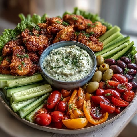 Chicken Run Veggie Tray with Ranch Hummus Dip: Colorful platter of fresh vegetables arranged in playful chicken shapes with a creamy, tangy ranch hummus for dipping.