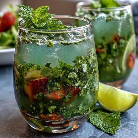 Refreshing alcohol-free mojito pitcher with mint, lime, and berries, served over ice for a cool spring drink.