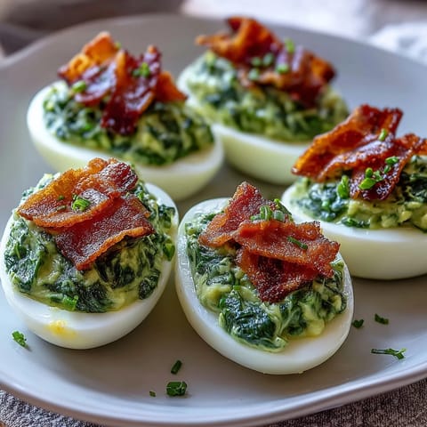 Green Eggs and Ham Deviled Eggs with Spinach Filling: vibrant, creamy spinach yolk filling in classic egg whites, topped with crispy ham crumbles for a fun twist.