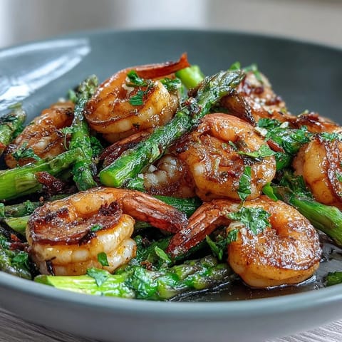 Healthy Easy One-Pan Lemon Garlic Shrimp and Asparagus with vibrant green asparagus spears, juicy shrimp, and golden garlic, roasted to perfection and drizzled with fresh lemon.