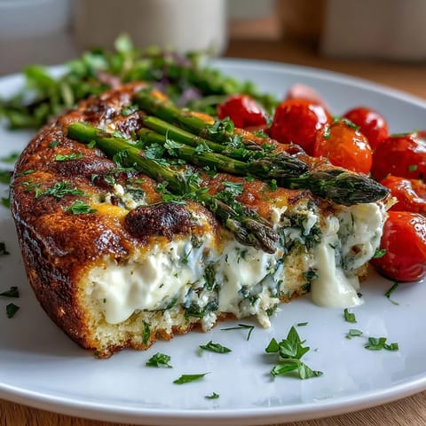 Spring Veggie Frittata with Asparagus and Goat Cheese, a golden baked egg dish loaded with fresh asparagus, zucchini, and creamy goat cheese.