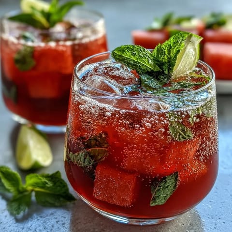 Refreshing watermelon mint spritz mocktail with juicy fruit, vibrant herbs, and sparkling citrus water in chilled glasses.