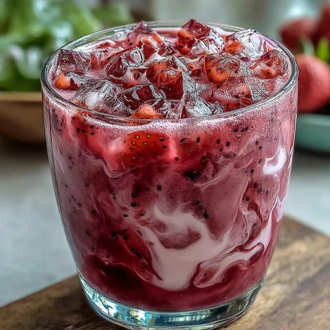 Refreshing dragon fruit refresher with coconut milk and strawberries, served over ice in a tall glass.