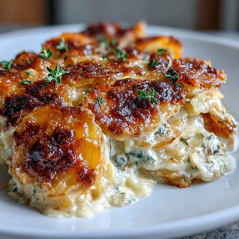 Creamy scalloped potatoes with Gruyere cheese, baked to golden perfection with tender layers and bubbling, garlicky cream sauce.