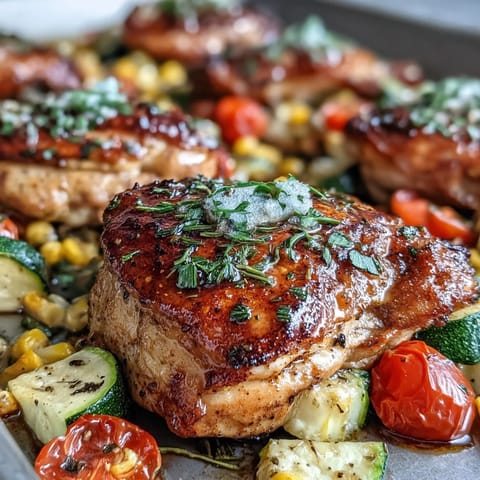 Vibrant sheet pan chicken with zucchini and corn, roasted to perfection with juicy chicken and colorful summer vegetables.