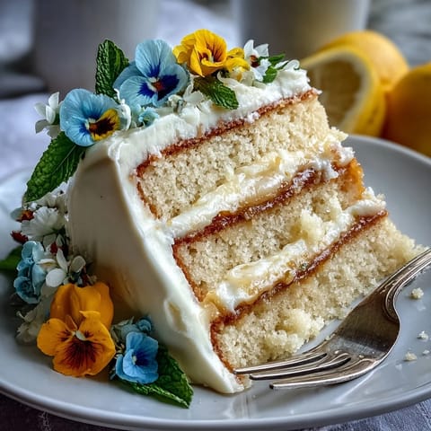 Mother's Day Lemon Curd Layer Cake, adorned with vibrant edible flowers.