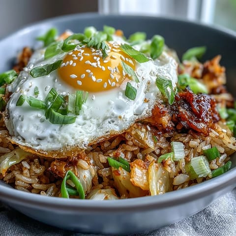 Spicy, easy kimchi cabbage fried rice ready for a quick weeknight dinner.