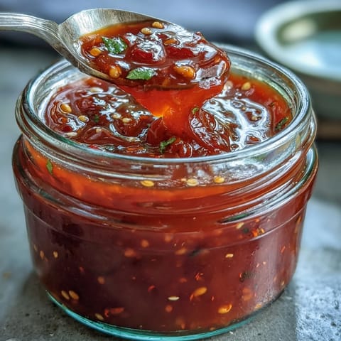 Vibrant homemade fermented hot sauce, featuring bright red chilies and garlic, ready to spice up meals.