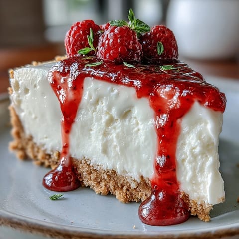 Creamy Mother's Day No-Bake Cheesecake with vibrant raspberry coulis.