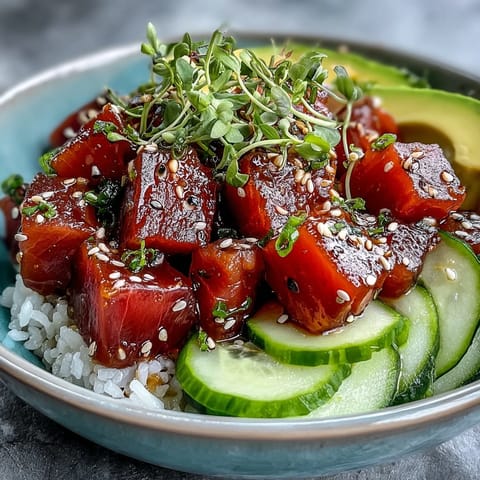 Colorful tuna poke bowl featuring crisp radish, avocado, and fluffy sushi rice.