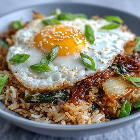 Vibrant kimchi cabbage fried rice topped with a sunny-side-up egg.
