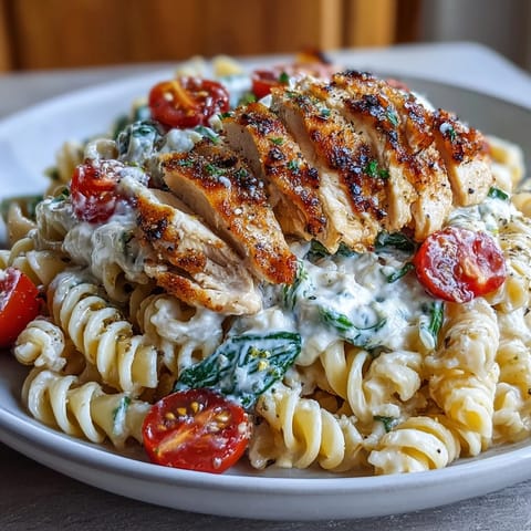 Savory high protein pasta bowl with grilled chicken and wilted spinach.