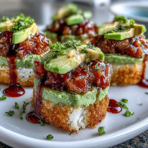 Golden crispy rice topped with vibrant spicy tuna and creamy avocado.