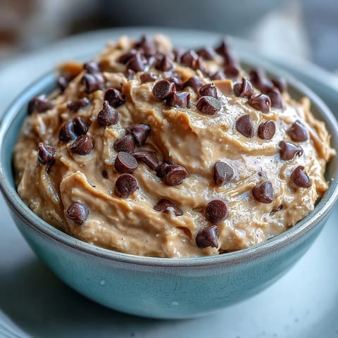 Close-up of fiber-packed chickpea cookie dough dip, showing chocolate chips mixed in.