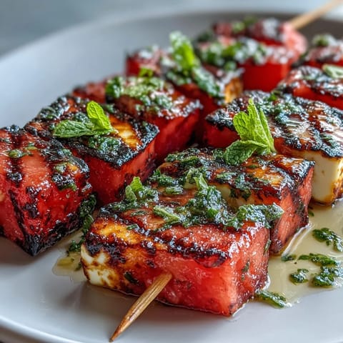 Hot, smoky halloumi watermelon skewers with bright green mint served fresh.