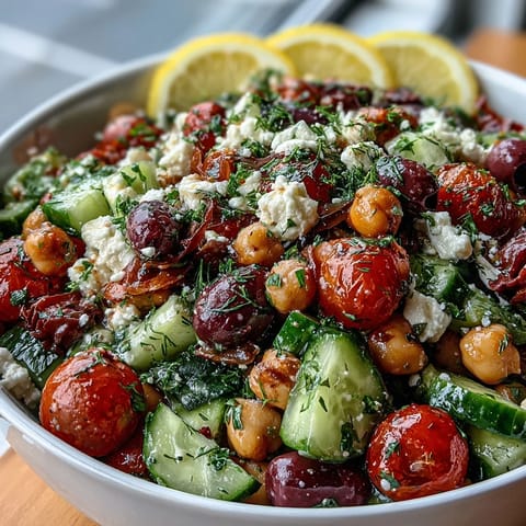 Vibrant Mediterranean Chickpea Salad with lemon and herbs, a healthy veggie delight.