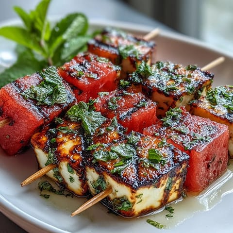 Grilled Halloumi and Watermelon Skewers with Mint, showcasing golden cheese and red fruit.