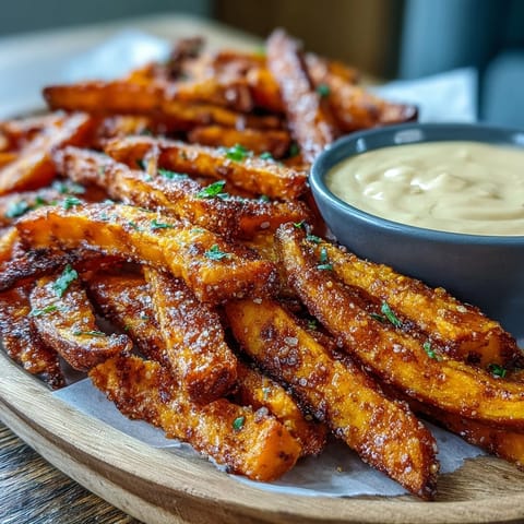 Air fryer sweet potato fries, golden and crispy, with zesty chipotle aioli dip.