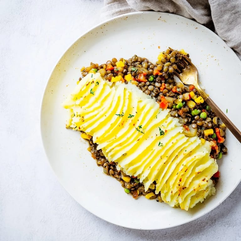 Warm, inviting image of Hearty Lentil Shepherds Pie, showcasing the mashed potato crust's texture.