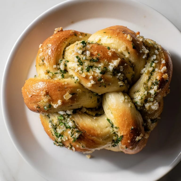 Freshly baked homemade garlic knots, aromatic with garlic and herbs, ideal for an Italian-American appetizer.