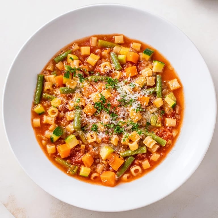 Flavorful one-pot minestrone soup, perfectly seasoned and garnished with fresh parsley and cheese.