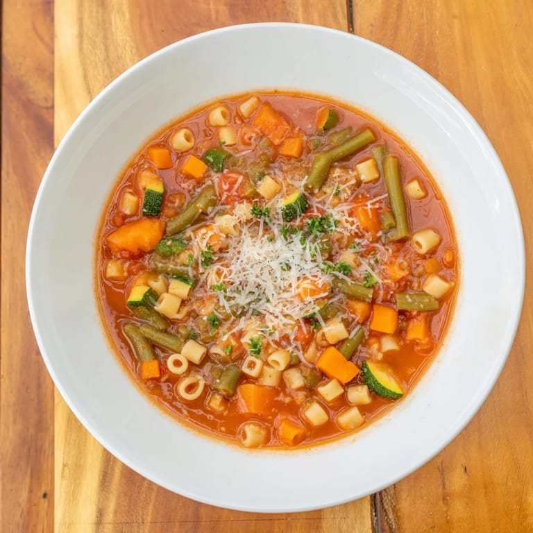 Close-up of a rustic bowl of warm, comforting one-pot minestrone soup, ready to be enjoyed.