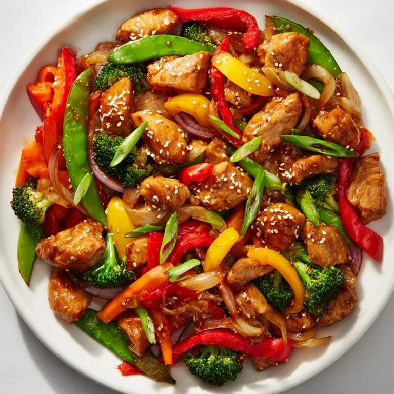 Golden roasted Sheet Pan Chicken Stir-Fry with sesame seeds and fresh green onions piled high.