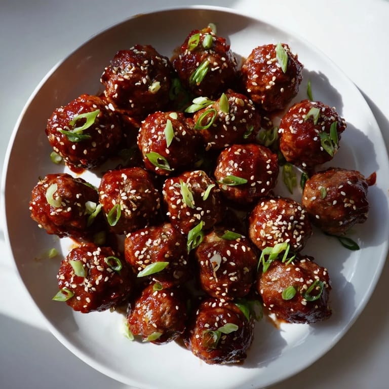 Appetizing close-up of tender Spicy Sriracha Honey Meatballs garnished with sesame seeds and green onions.